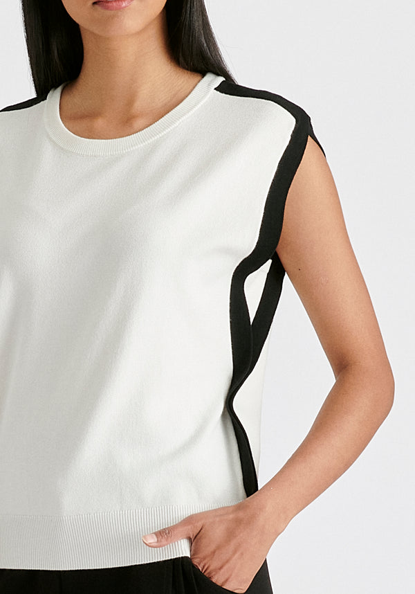 Contrast Trim Round Neck Knit Top in White and Black Closeup